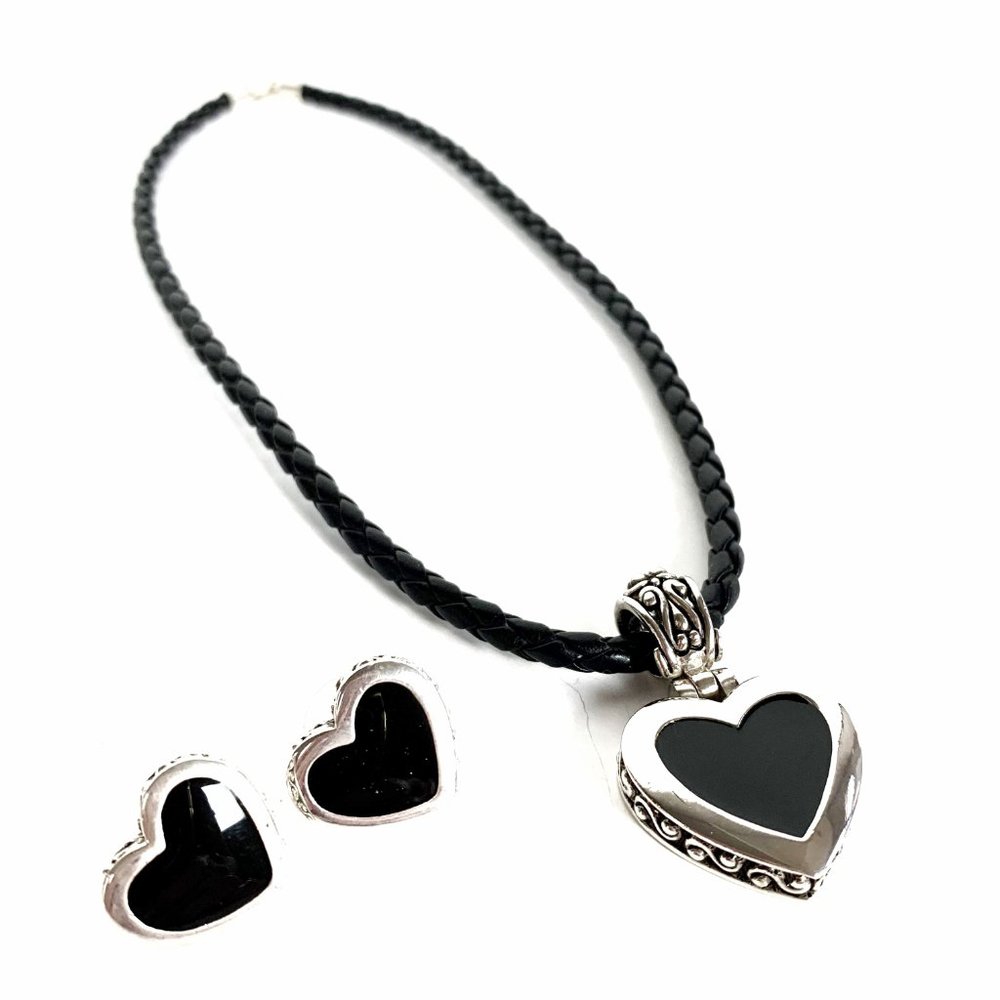 Silver and Black Heart Necklace and Earring Set - Picture 6 of 7